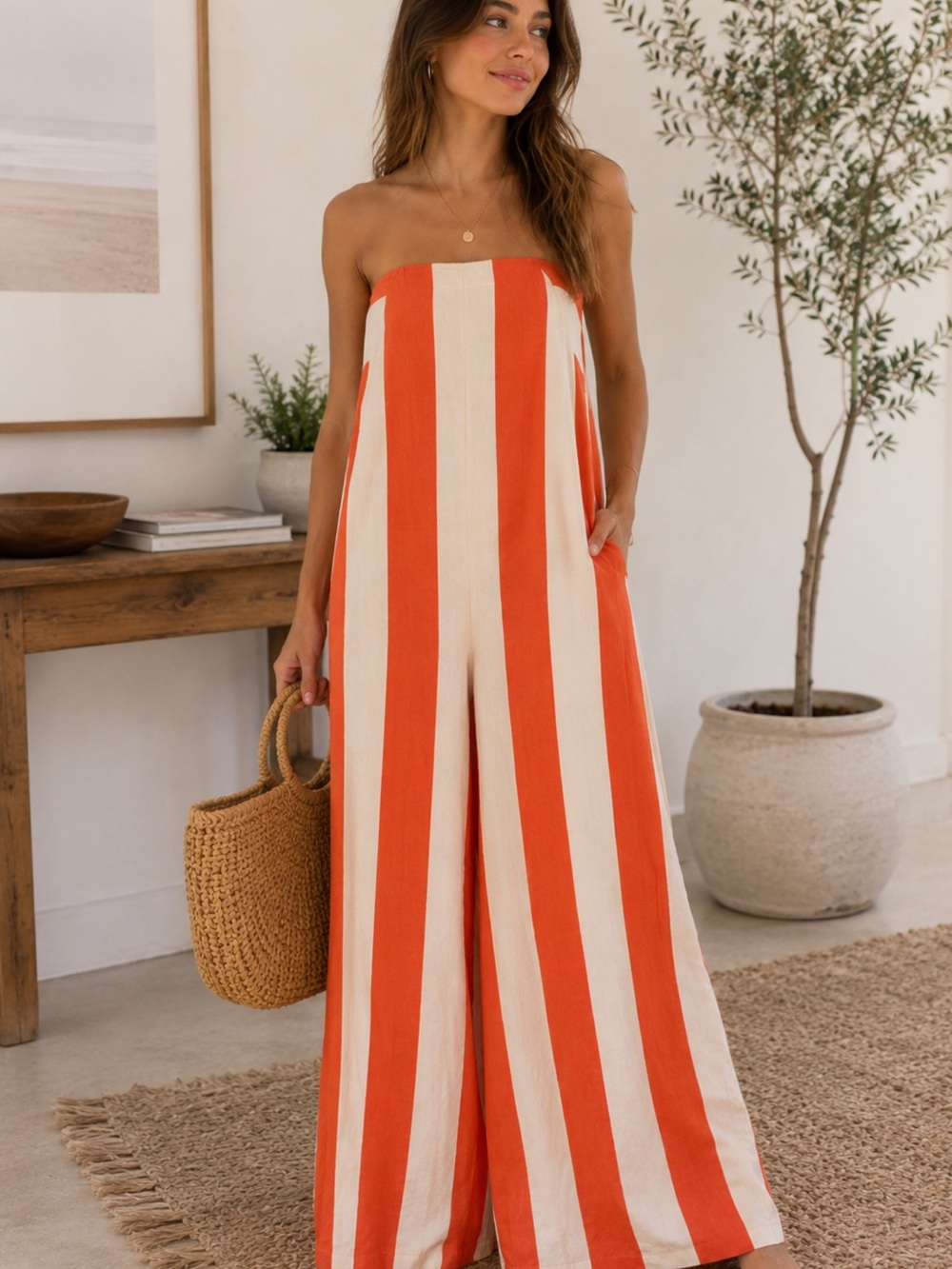 Free People NWT Eden Tea Combo Orange Stripe Wide Leg Jumpsuit S